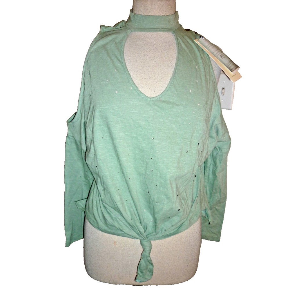 Iris Los Angeles Sage Green‎ Cold Shoulder Mock Neck Tie Front Top NWT
